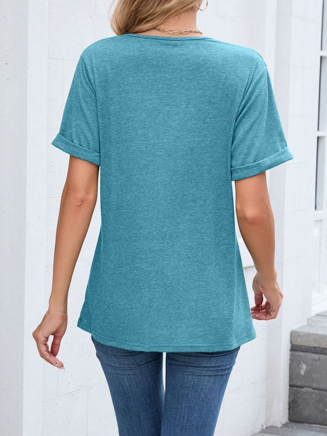 Relaxed V-neck short sleeve tee with rolled cuffs