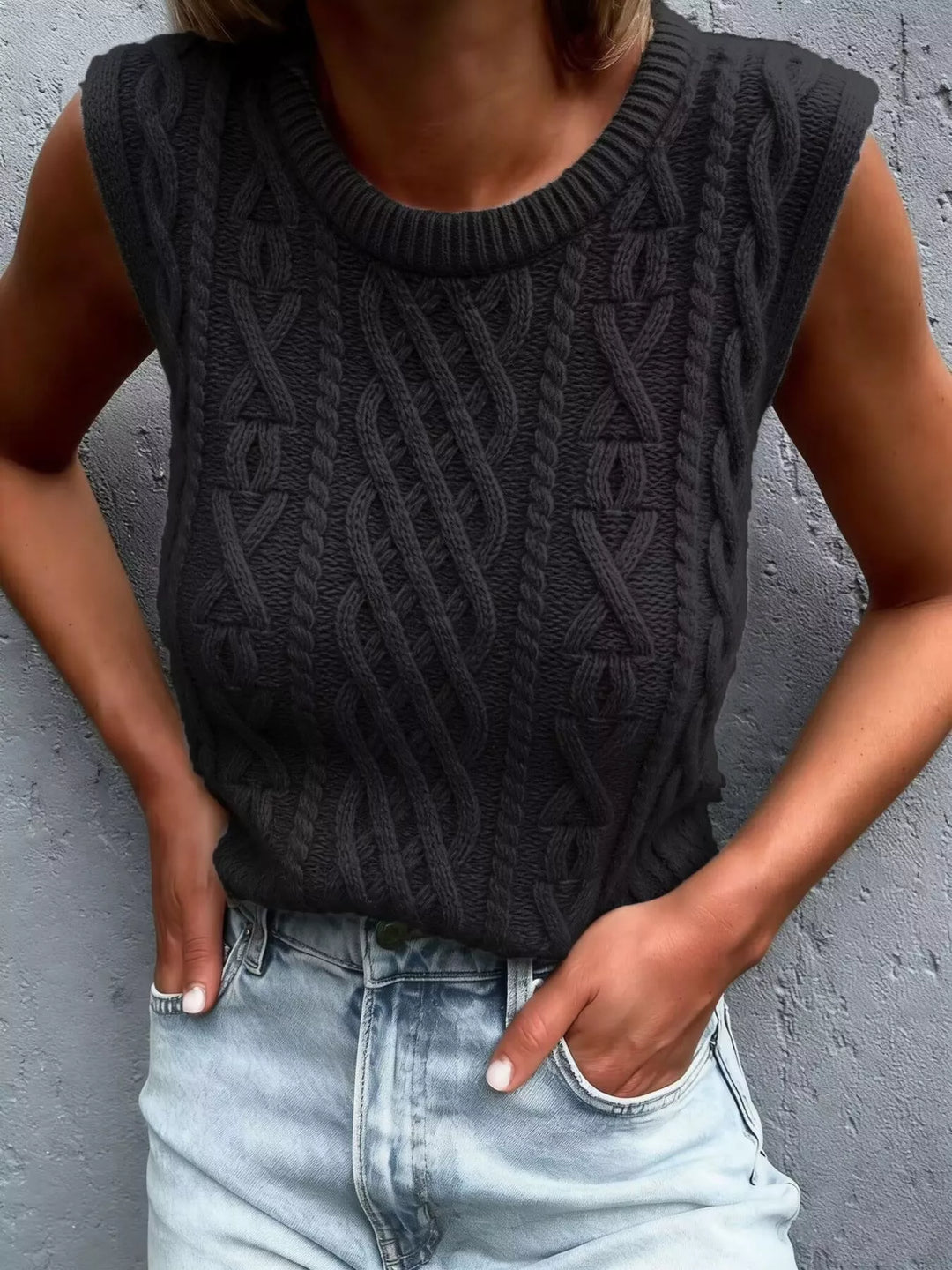 Black Cable knit sweater vest with ribbed crew neck