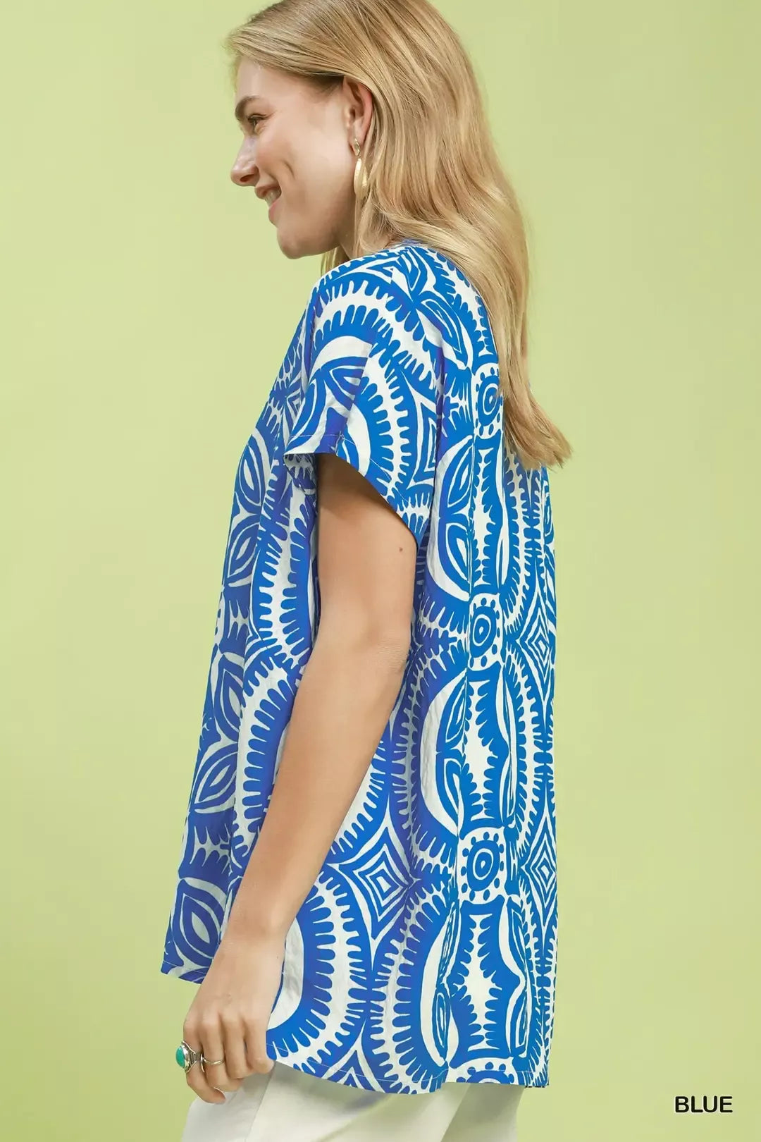 Geometric print split V-neck oversized short sleeve top