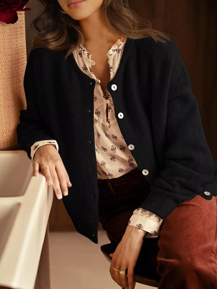 Button-front dropped shoulder knit cardigan