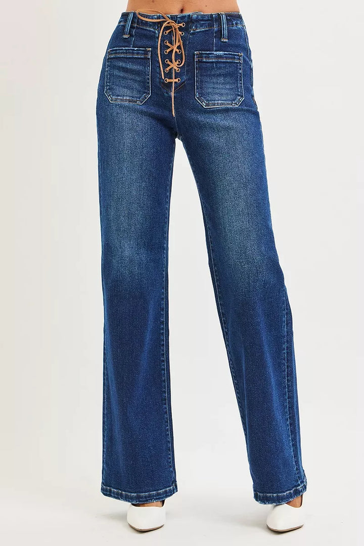 Lace-up front high rise wide leg jeans with patch pockets