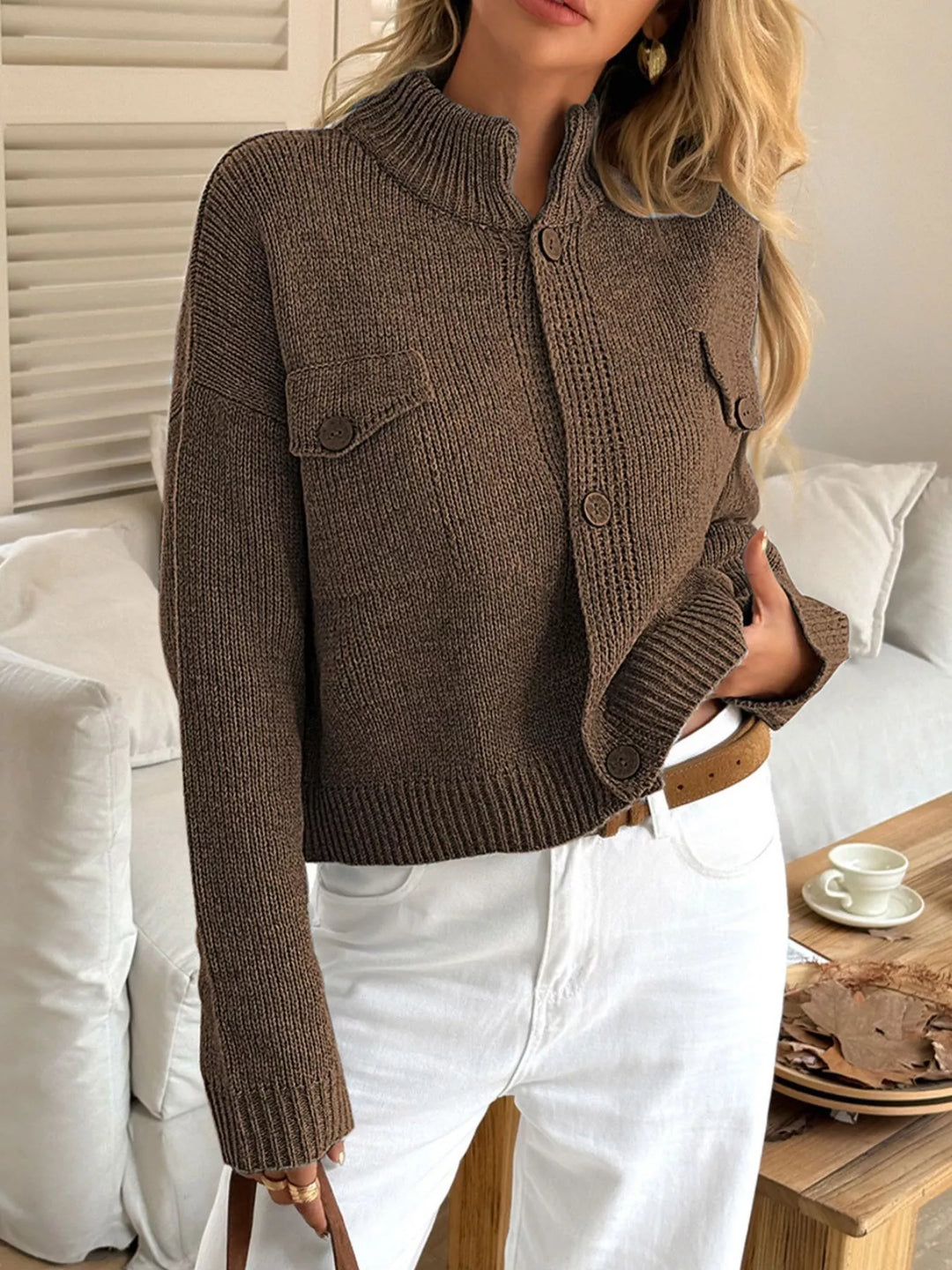 Brown Chunky knit button-front cardigan with chest flap pocket