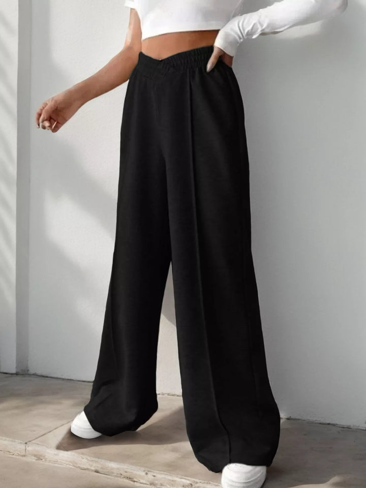 High waist wide leg pull-on pants with V-notch waistband
