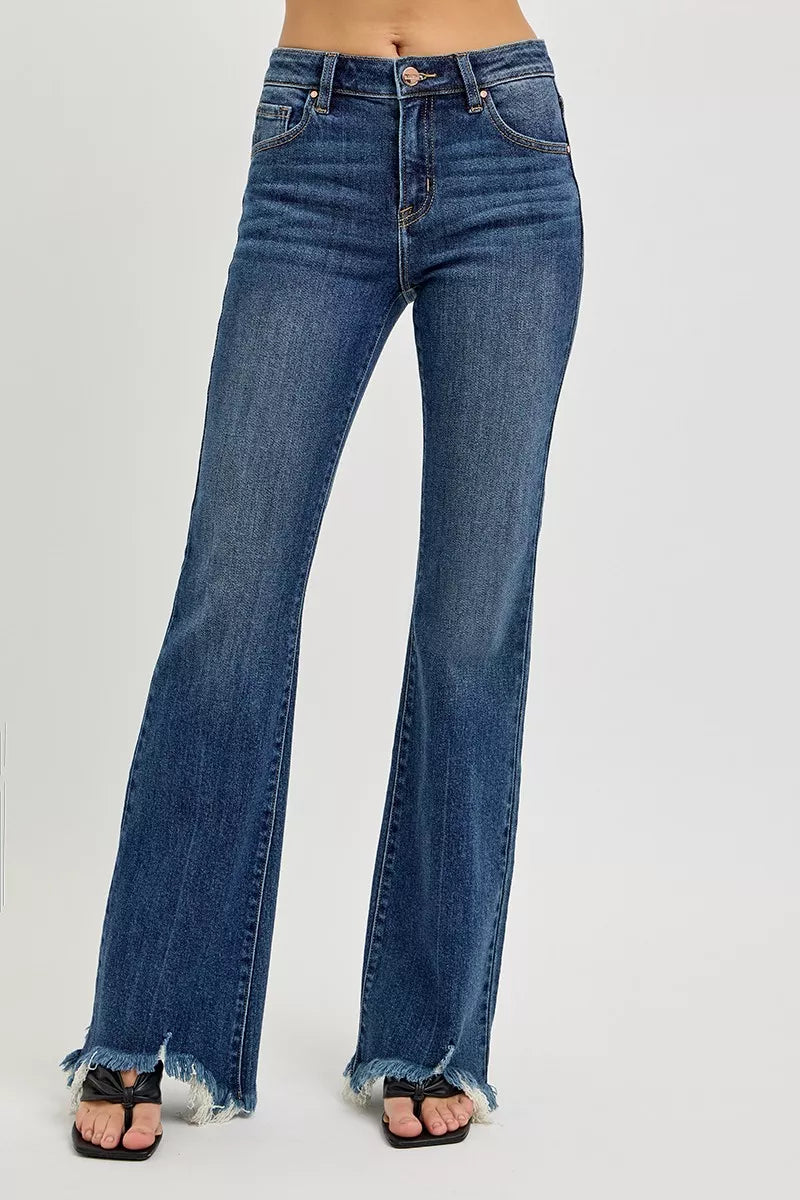 DARK Mid-rise flare jeans with raw frayed hem in stretch denim