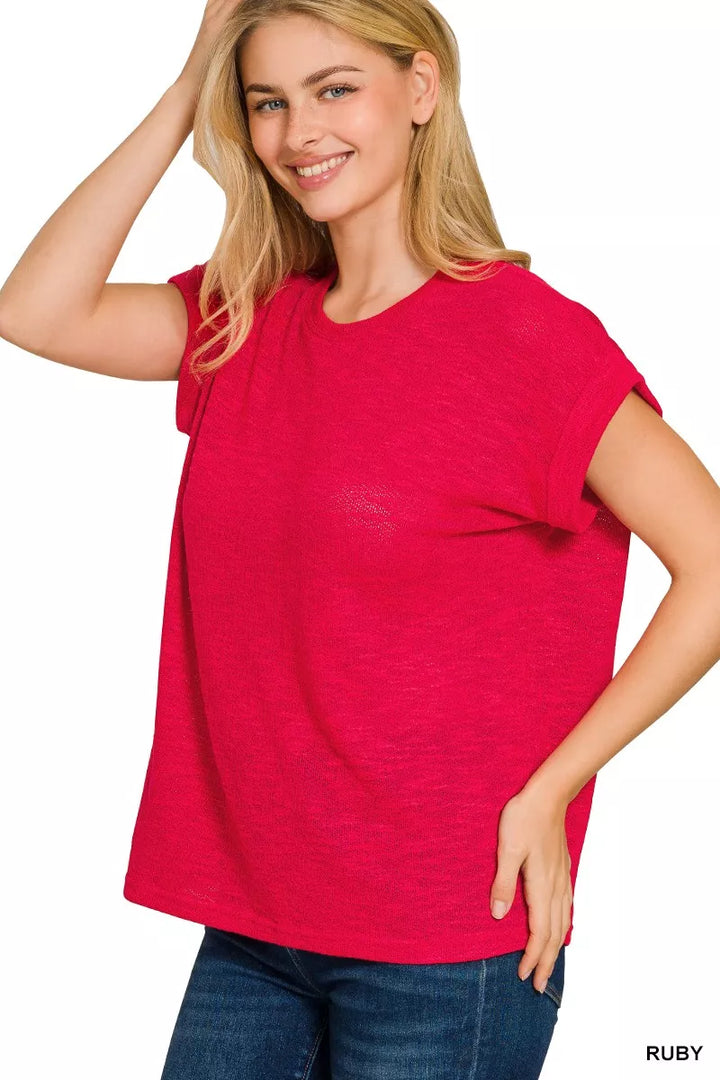 Relaxed hacci knit rolled-cuff short sleeve tee