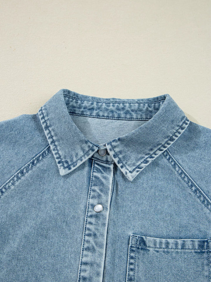 Smocked cuff flared denim mini shirt dress with patch pockets