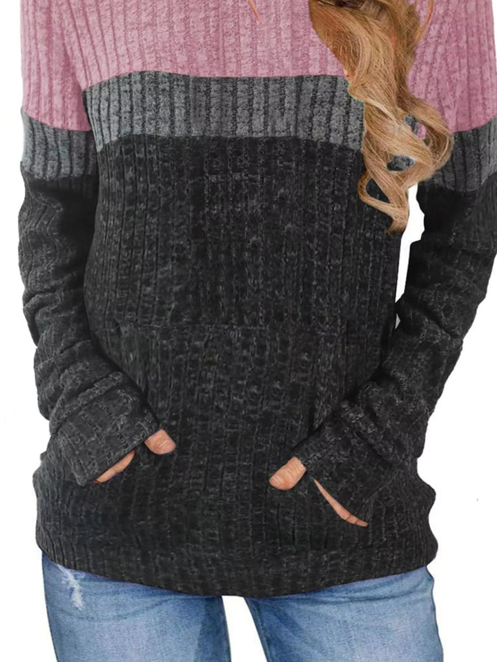 Color block ribbed knit hoodie with kangaroo pocket