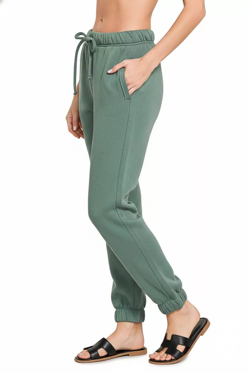 Fleece drawstring jogger pants with ribbed ankle cuffs
