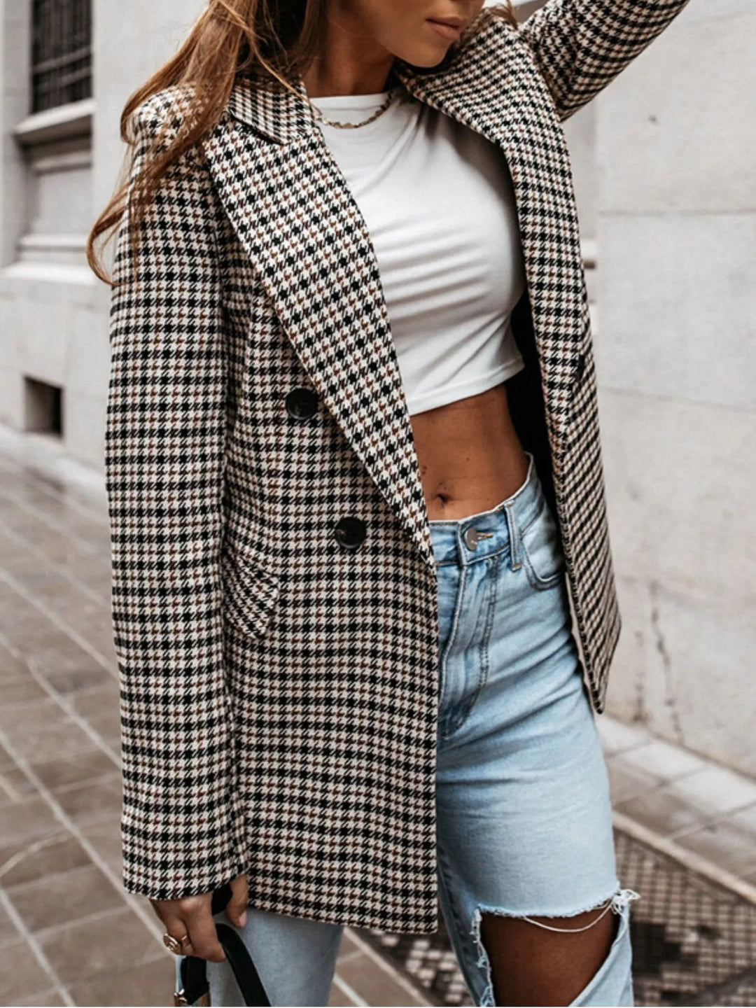 Houndstooth double-breasted blazer with notch lapel