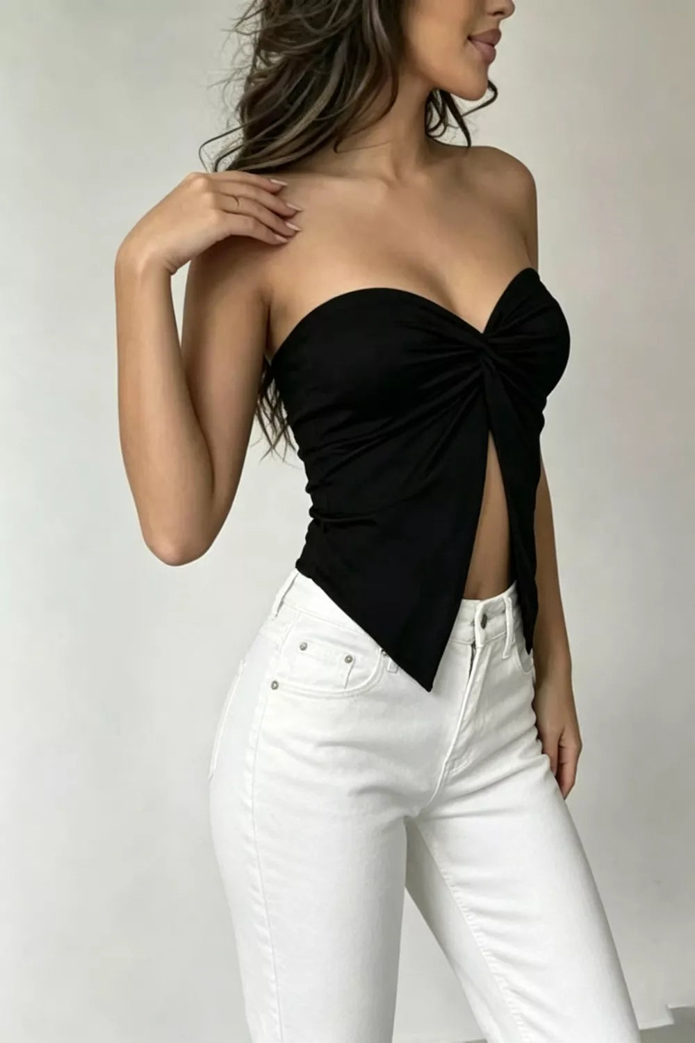 Twist front strapless tube top with split hem