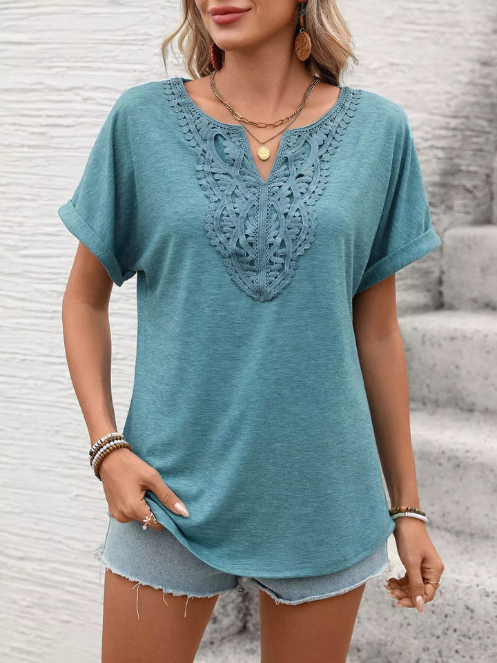 Blue-green Lace-trim V-neck short sleeve top with rolled cuffs