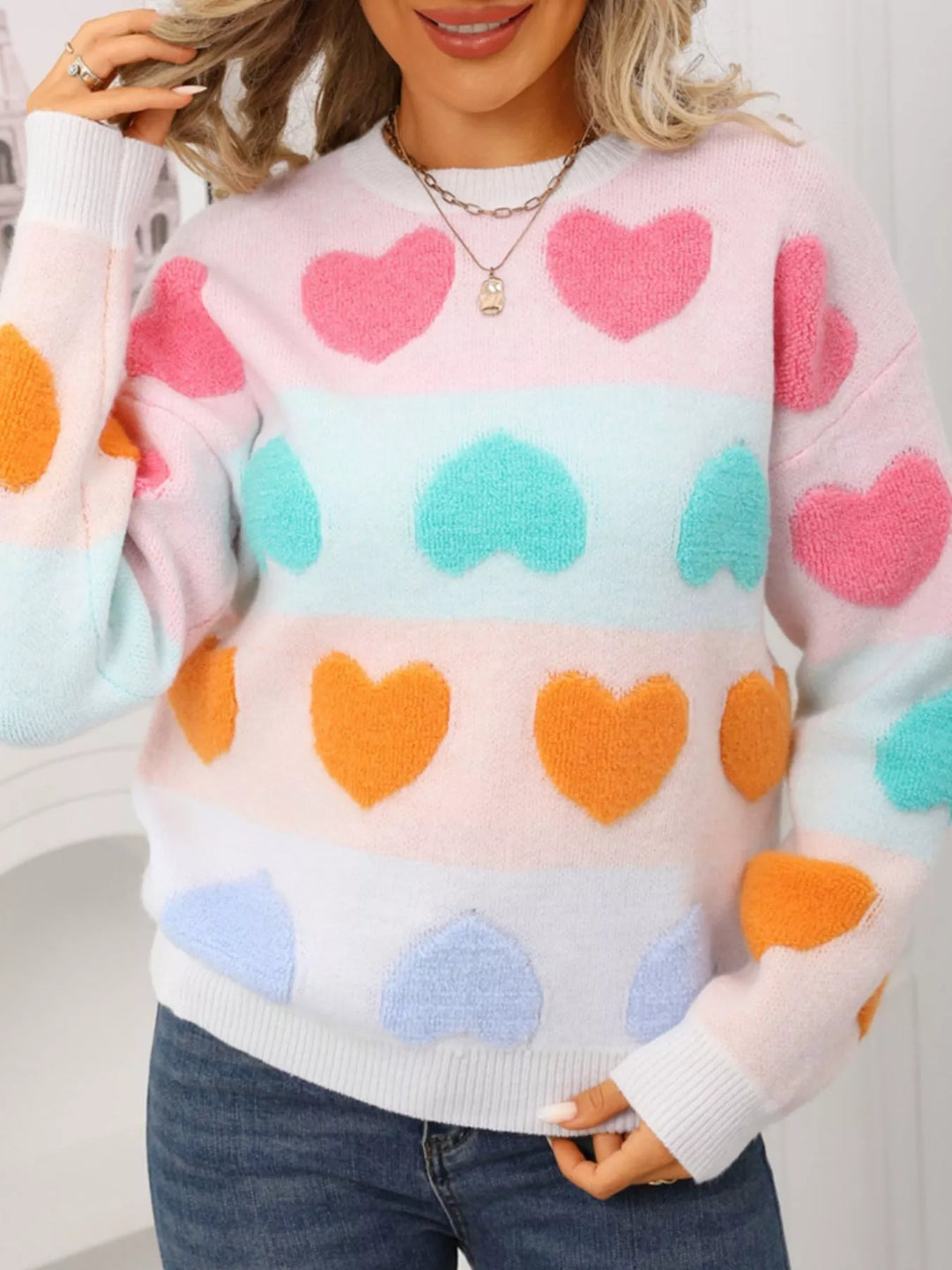 Fuzzy heart color-block crew neck knit sweater