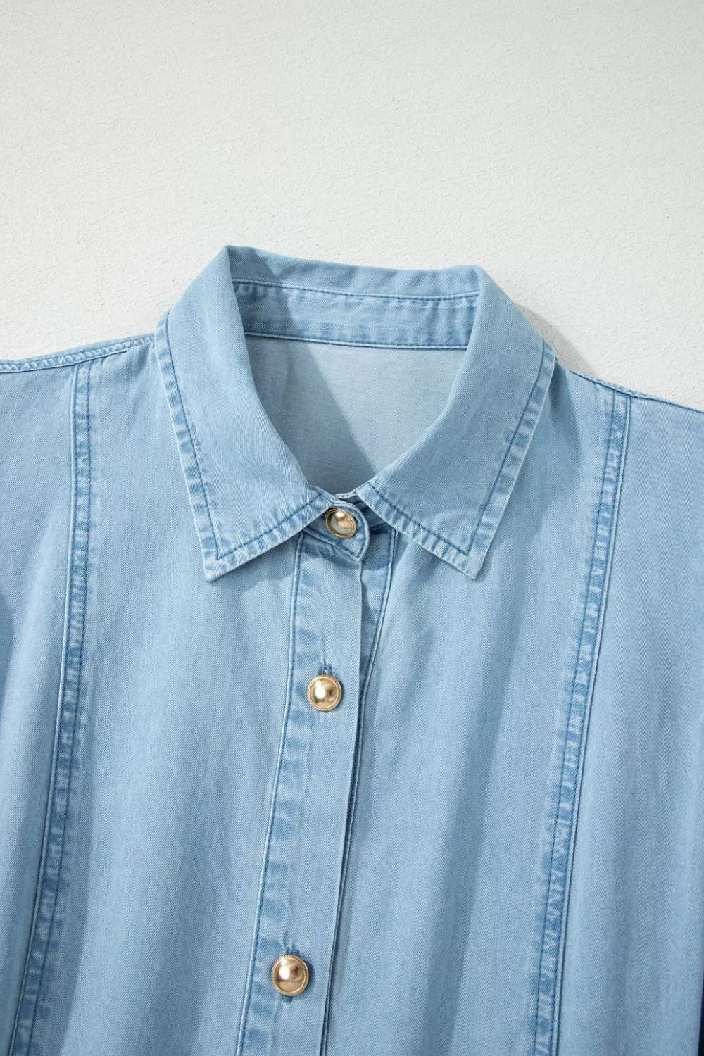 Belted chambray midi shirt dress with puff sleeves