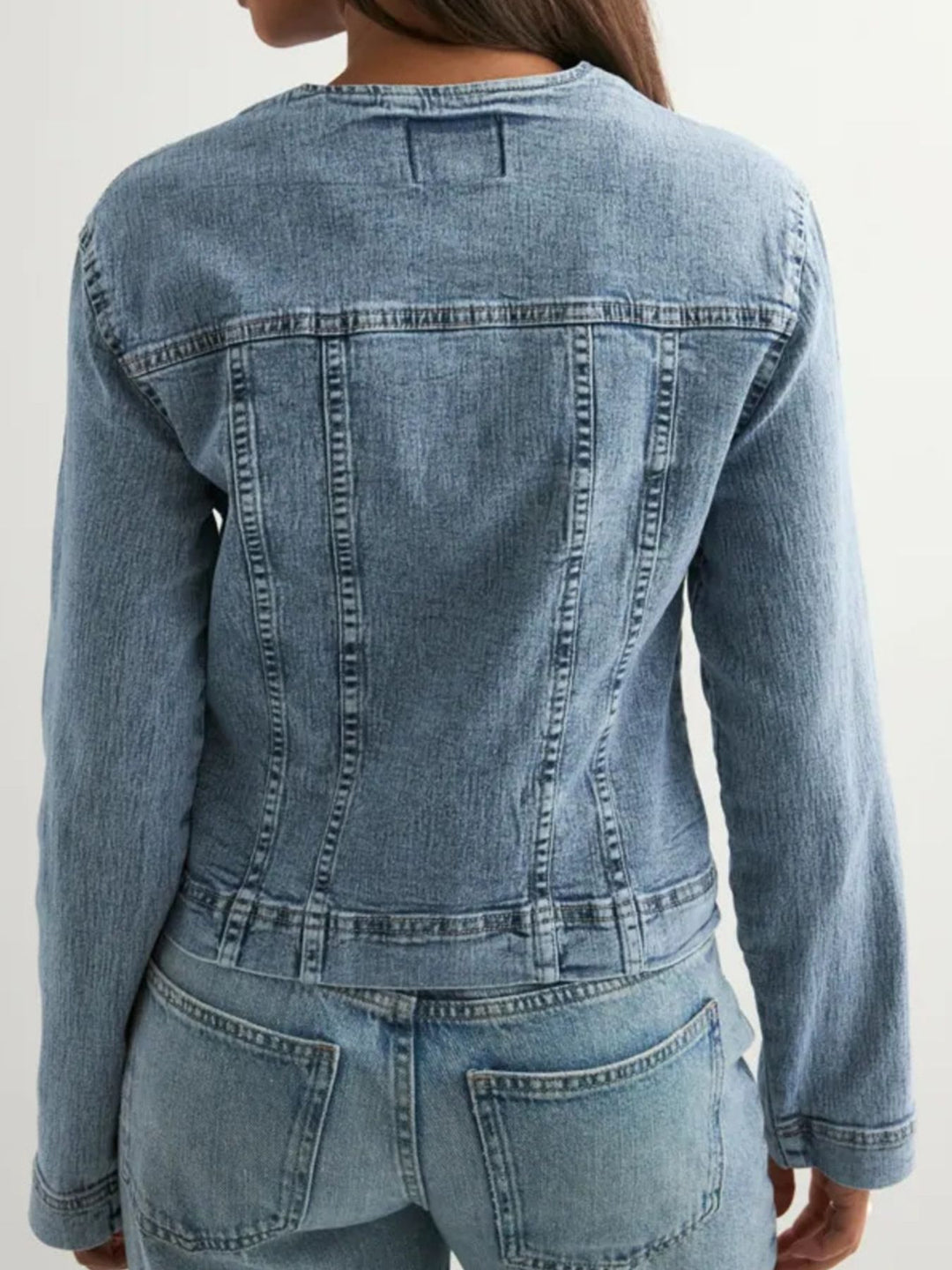 Collarless button-front cropped denim jacket