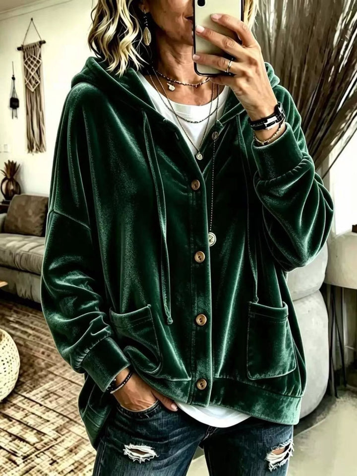 Dark Green Oversized hooded button-up jacket with patch pockets