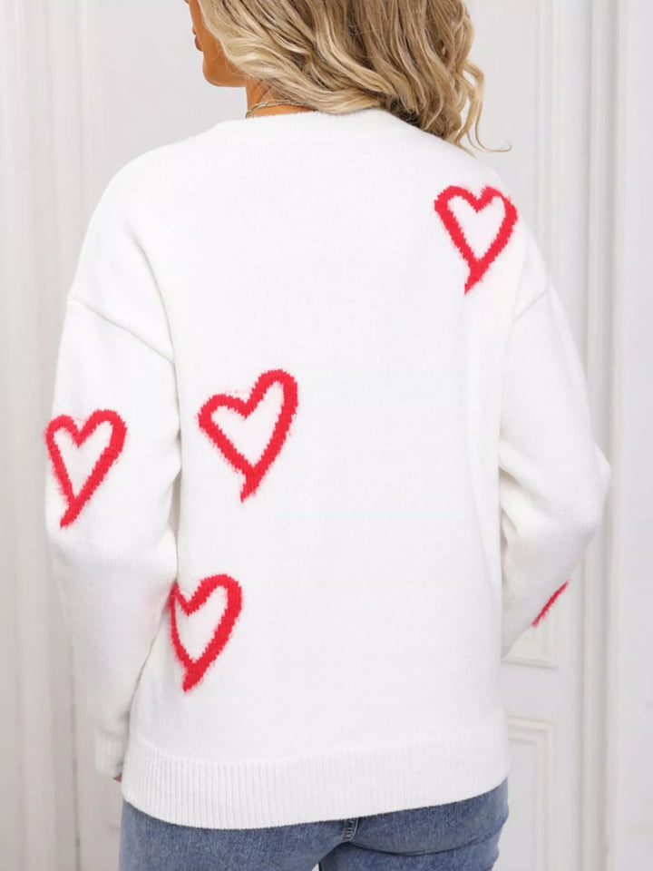 Fuzzy heart crew neck sweater with ribbed trim