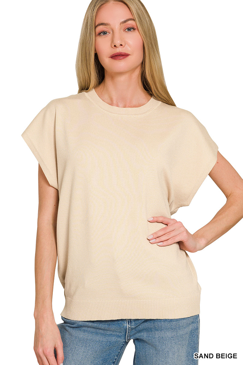 Ribbed knit short sleeve sweater top with structured shoulders