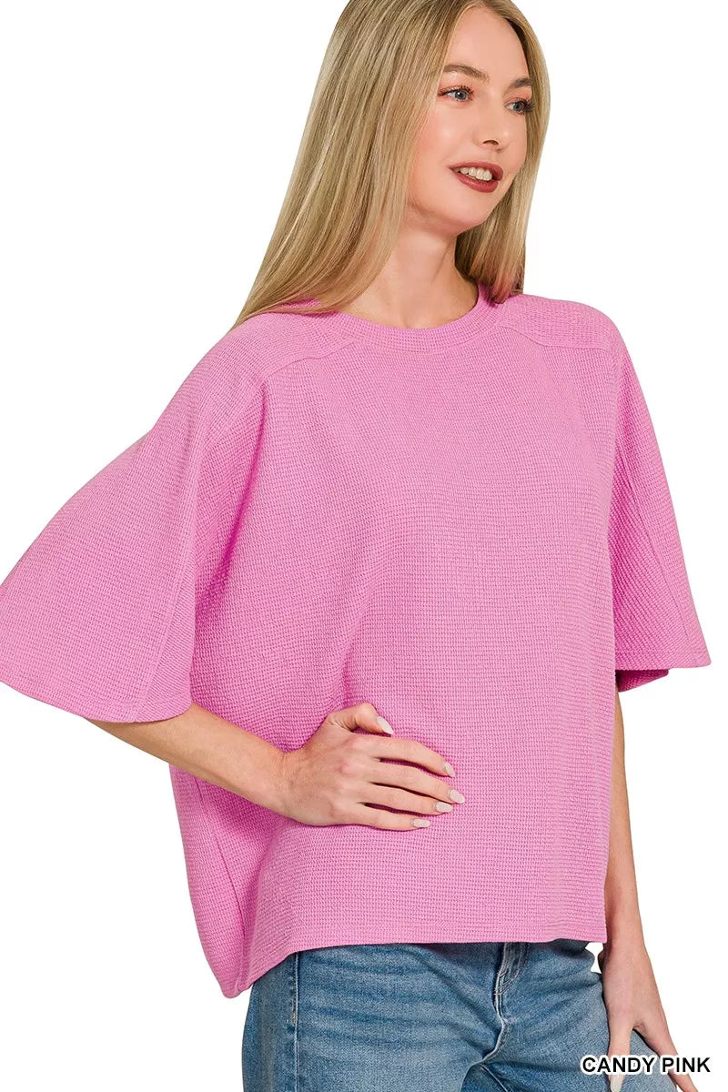 Waffle knit drop-shoulder short sleeve top