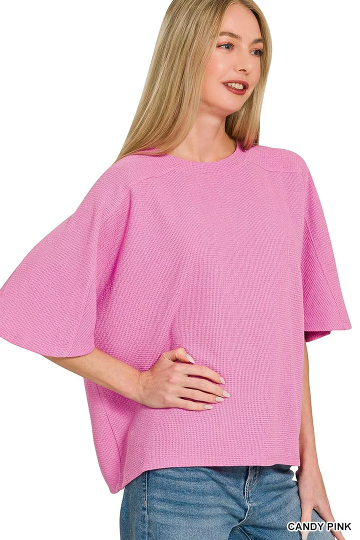 Waffle knit drop-shoulder short sleeve top