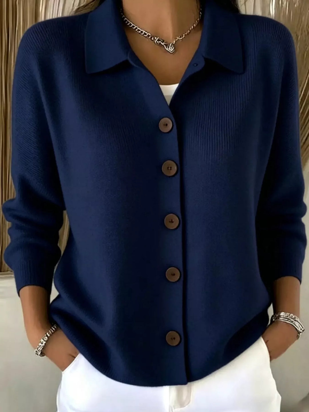 Navy Blue Collared button-front knit cardigan with contrast buttons