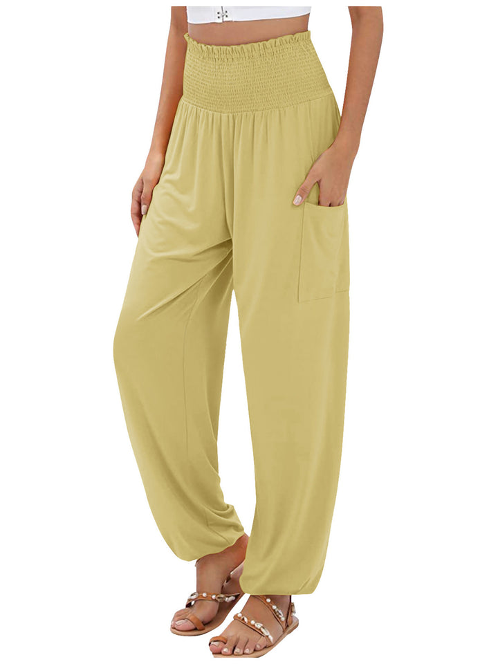 Yellow High-rise smocked harem pants with side pockets