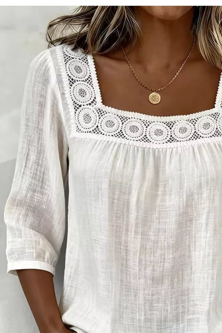Crochet trim square neck blouse with 3/4 sleeves