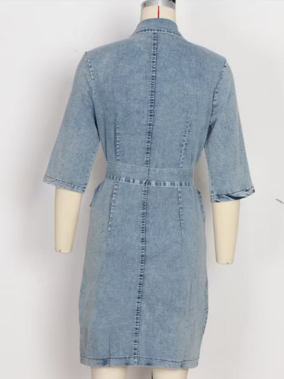 Zip-front tie-waist short sleeve denim mini dress