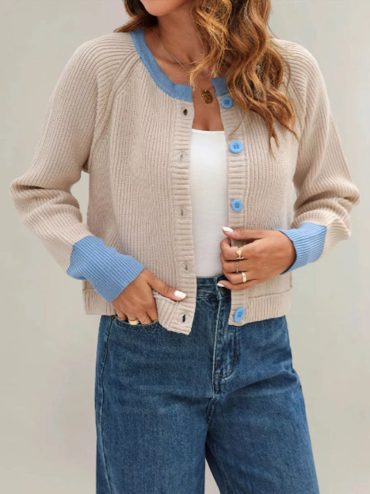 Ribbed knit cardigan with contrast trim and button front