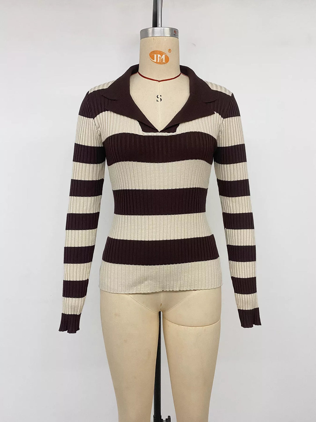 Striped ribbed knit polo collar long sleeve top