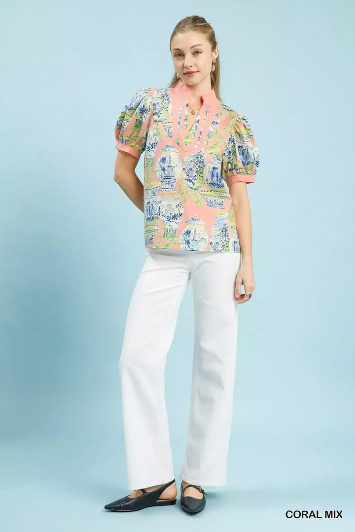 Graphic print V-neck top with puff sleeves