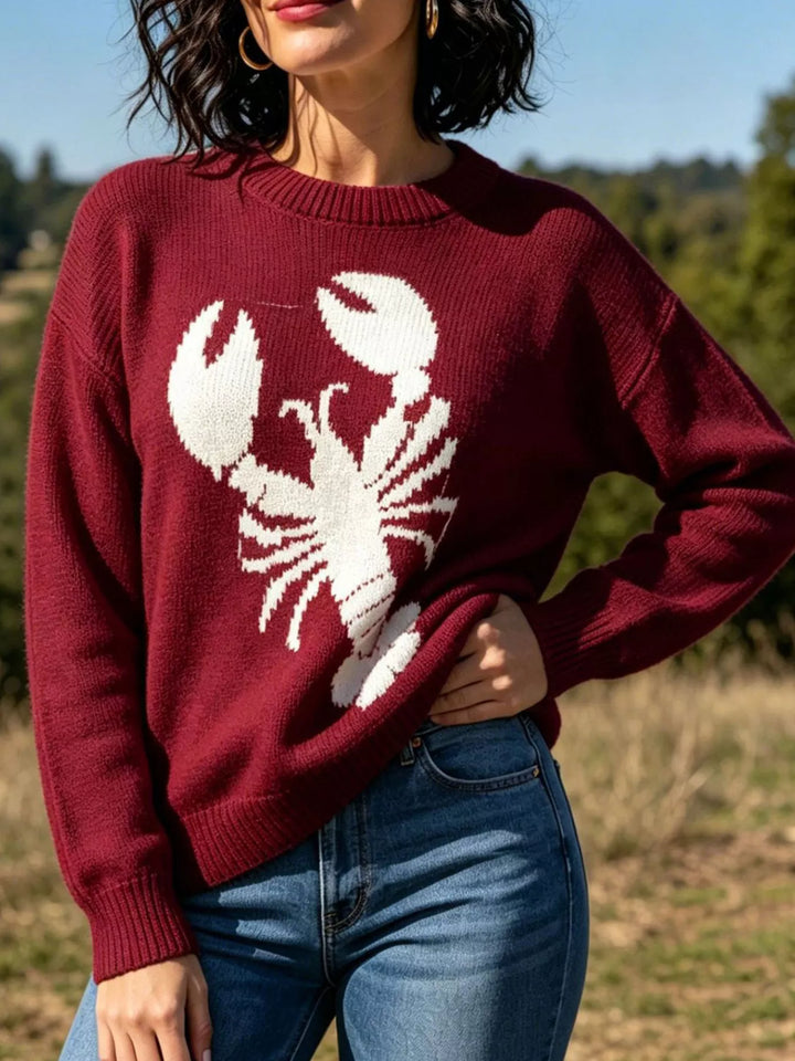 Deep Red Lobster intarsia knit crew neck sweater with ribbed trim