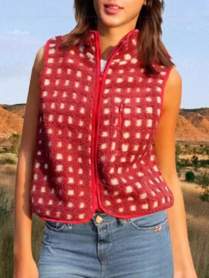 Red Plaid sherpa fleece zip-up vest with stand collar