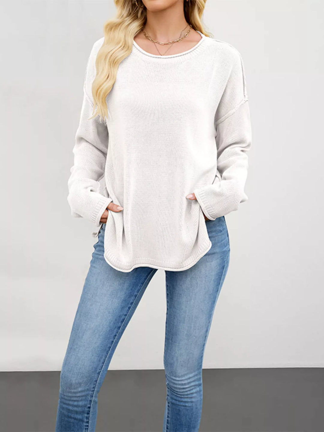White Exposed seam oversized crew neck sweater with raw hem