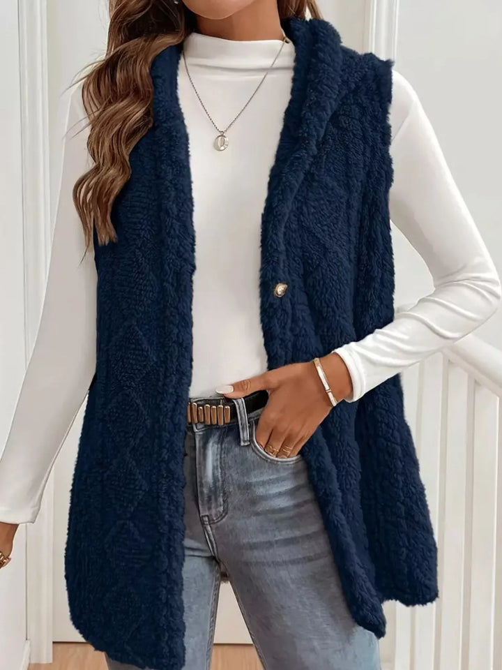 Textured sherpa hooded vest with button front
