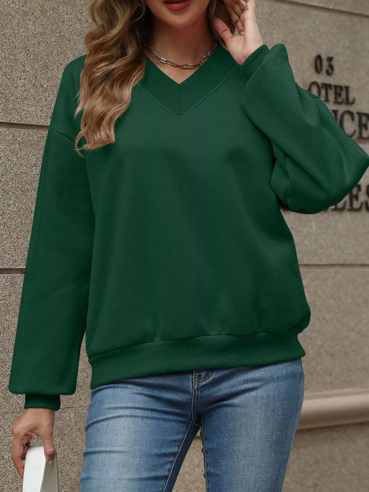 V-neck drop-shoulder pullover sweatshirt with ribbed trim