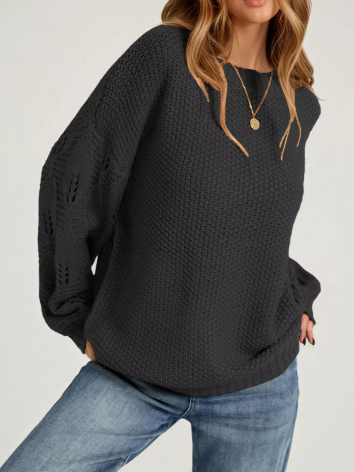 Black Openwork knit dropped shoulder sweater with curved hem
