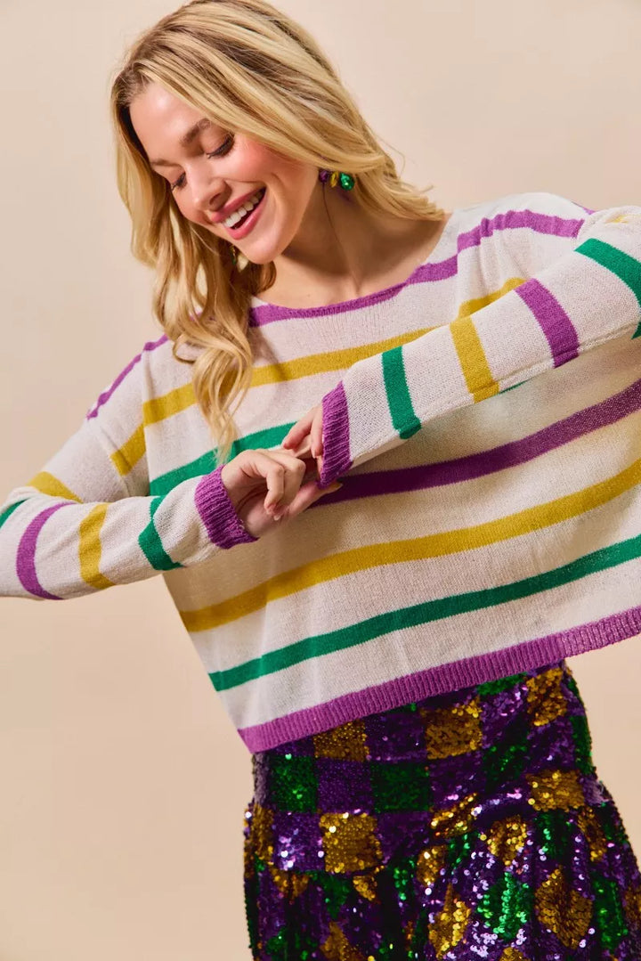 Color stripe lightweight knit sweater with boat neck