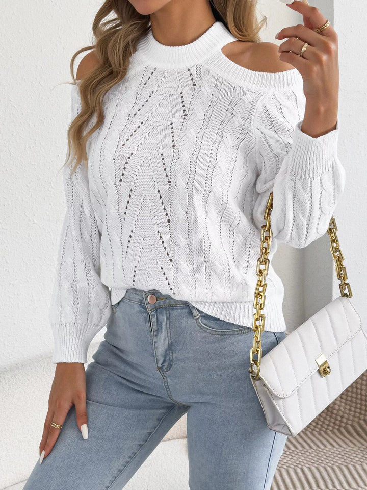 Cold shoulder cable knit mock neck sweater