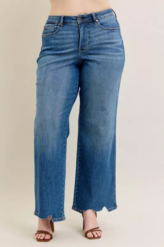 High-rise tummy control wide leg jeans with raw chewed hem