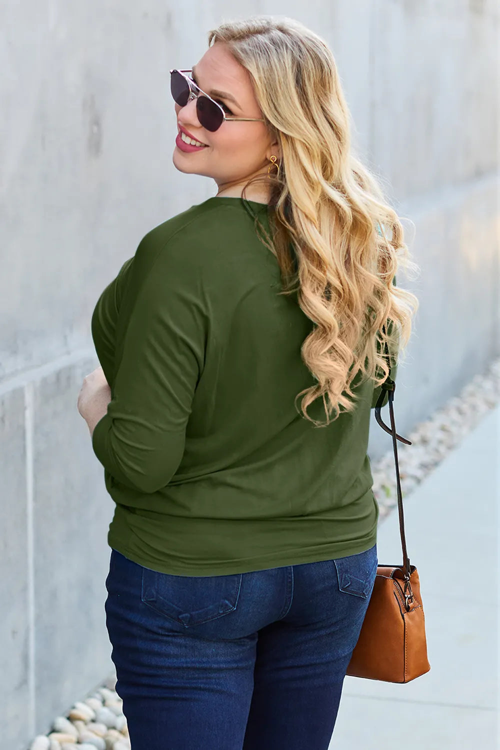 Batwing sleeve top with banded blouson hem