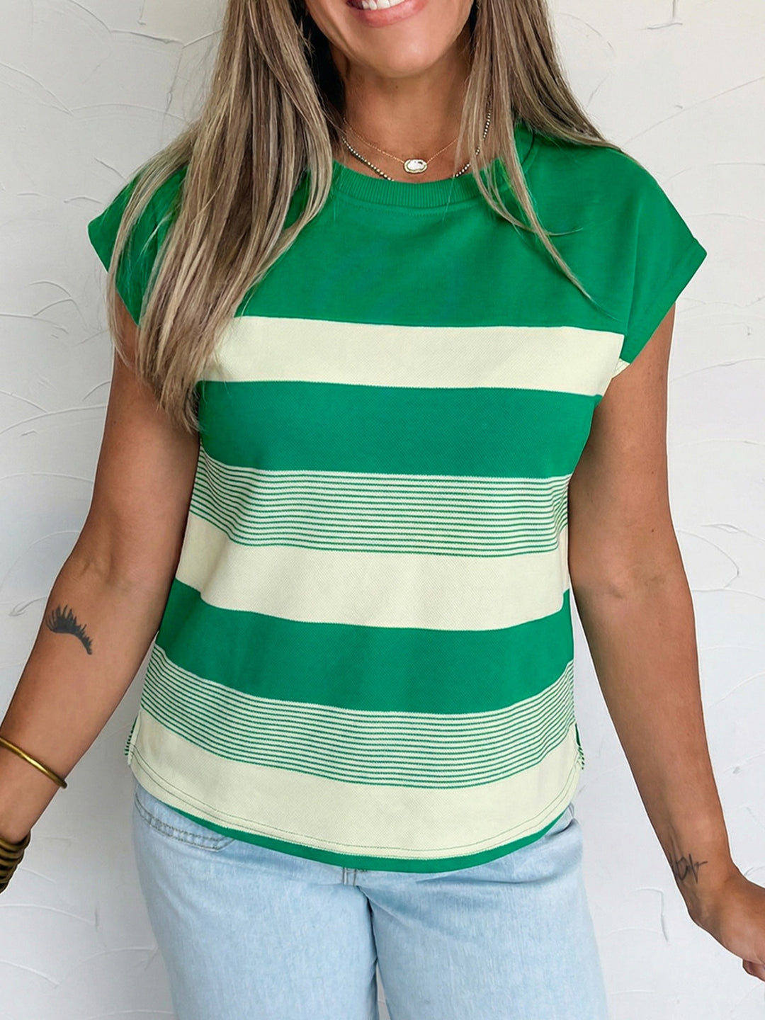 Green Mixed-width stripe crew neck cap sleeve top