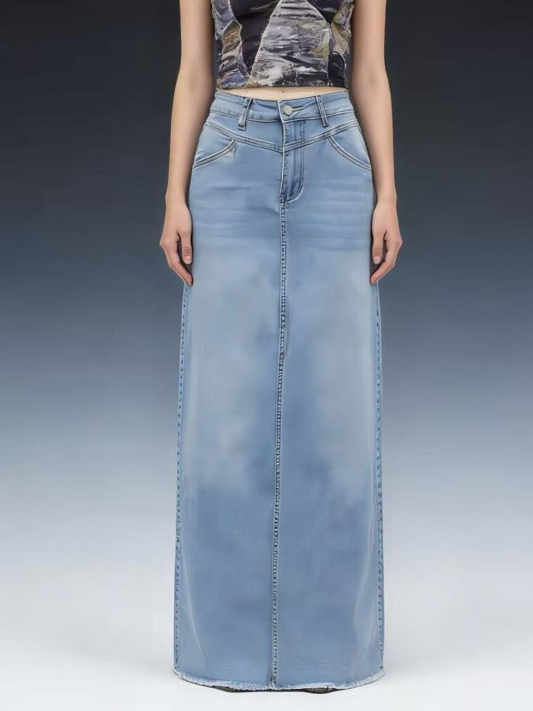 Raw hem maxi denim skirt with button closure and front pockets