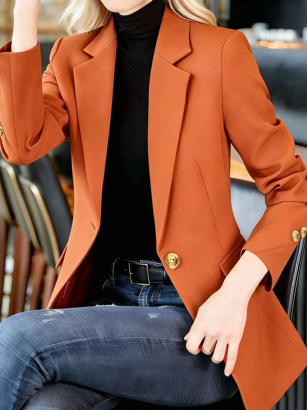 One-button notched lapel blazer with gold buttons
