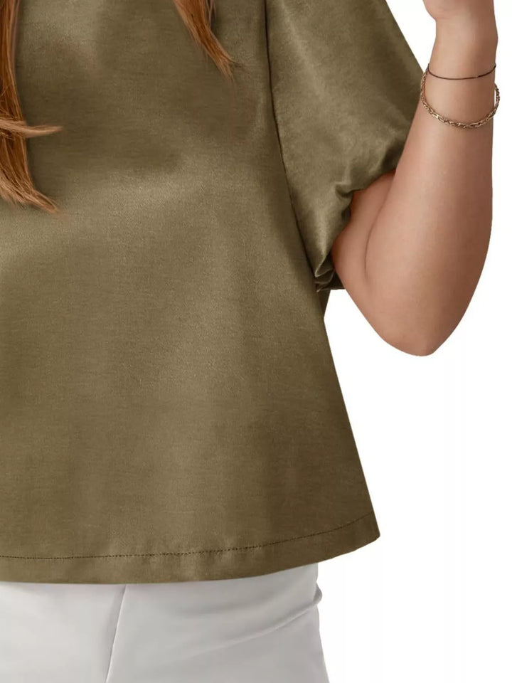 Short puff sleeve satin top with round neck