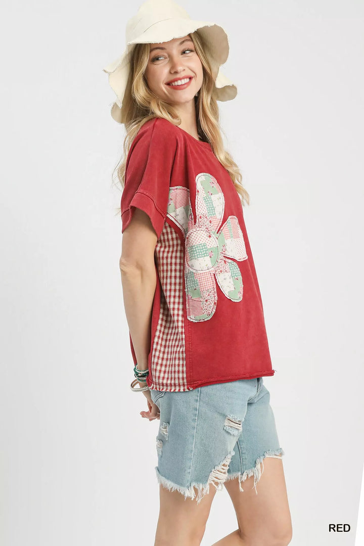 Mineral wash French terry top with floral patchwork flower