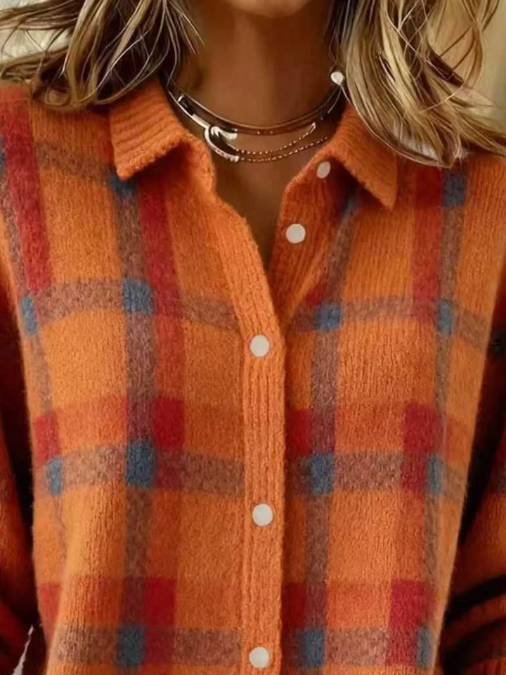 Plaid button-down knit cardigan with ribbed cuffs and hem