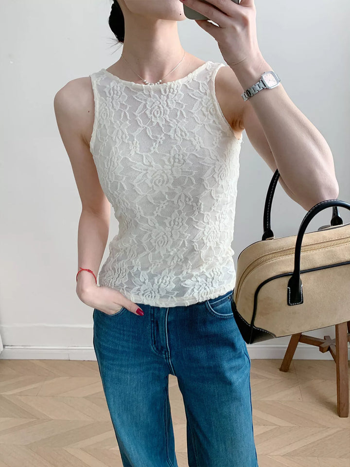 Sheer floral lace round neck long sleeve top