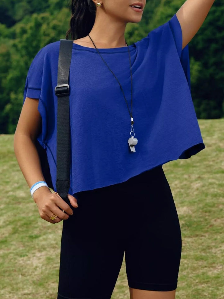 Cutout back boxy crew neck tee with exposed seams