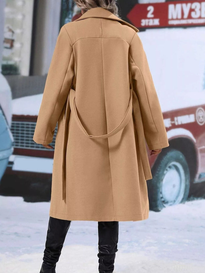 Double-breasted tie-waist long coat with notch lapels