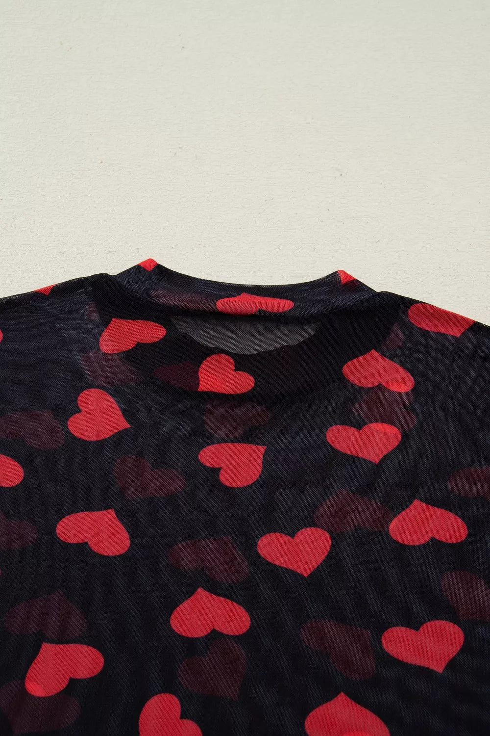 Heart print sheer mesh mock neck long sleeve crop top